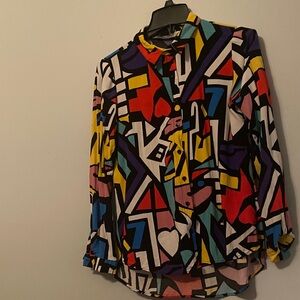 Vintage Abstract Multicolor 90s Big Dart Button Down Art Print Blouse Shirt